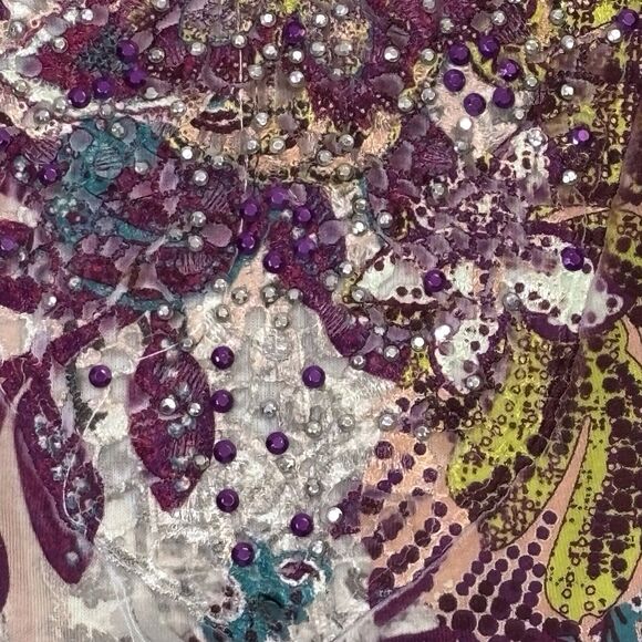 Catherines Floral Paisley Tunic Top Size 1XWP Petite 1X Beige Purple Embellished - Picture 7 of 10